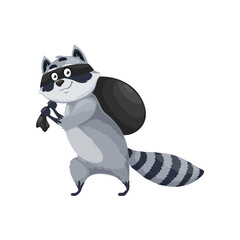 Cartoon raccoon character, isolated vector racoon wild forest animal bandit or thief wear black robber mask carrying big sack with stolen food or things. Coon villain personage for kids book or game - obrazy, fototapety, plakaty