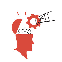 hand drawn doodle hand put gear cog inside head illustration