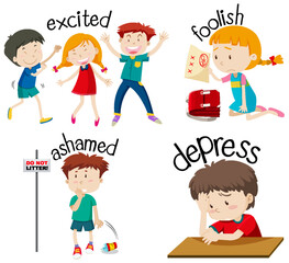 English vocabulary adjective word with cartoon characters