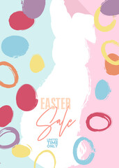 Easter Sale Poster with big rabbit and colorful eggs. Elegant Holiday offer design. Discount with painted bunny and egg. Modern minimal template in pastel colors.