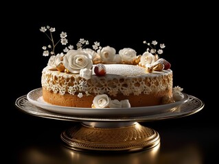 A beautifully decorated cake on a cake stand, isolated on a white or black background, showcasing the art of baking and celebration.
