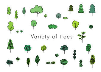 シンプルな線で描かれた多種多様なかわいい木のベクターイラスト