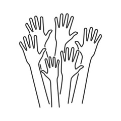 Volunteers and charity work. Raised helping hands. Vector icon background banner illustrations with a crowd of people ready and available to help and contribute. Positive foundation, business, service