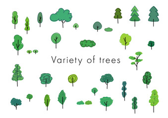 シンプルな線で描かれた多種多様なかわいい木のベクターイラスト