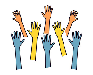 Volunteers and charity work. Raised helping hands. Vector icon background banner illustrations with a crowd of people ready and available to help and contribute. Positive foundation, business, service