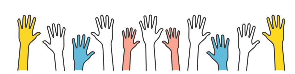 Volunteers and charity work. Raised helping hands. Vector icon background banner illustrations with a crowd of people ready and available to help and contribute. Positive foundation, business, service