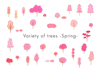 シンプルな線で描かれた多種多様なかわいい春の木のベクターイラスト