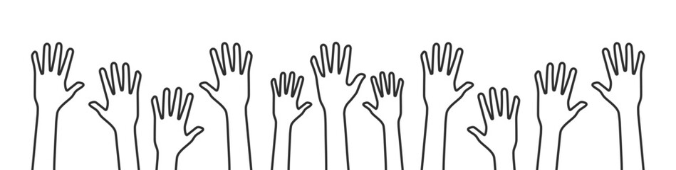 Obraz premium Volunteers and charity work. Raised helping hands. Vector icon background banner illustrations with a crowd of people ready and available to help and contribute. Positive foundation, business, service