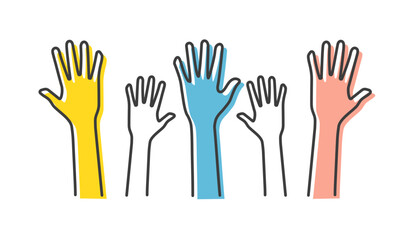 Volunteers and charity work. Raised helping hands. Vector icon background banner illustrations with a crowd of people ready and available to help and contribute. Positive foundation, business