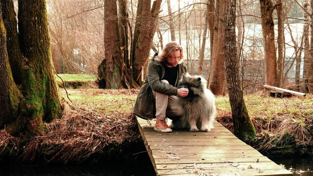 a small but hungry wolfspitz grabs a small bite of his friend, a blond young man. The gray and very fluffy dog sits comfortably next to the man on a bridge and enjoys his supper.