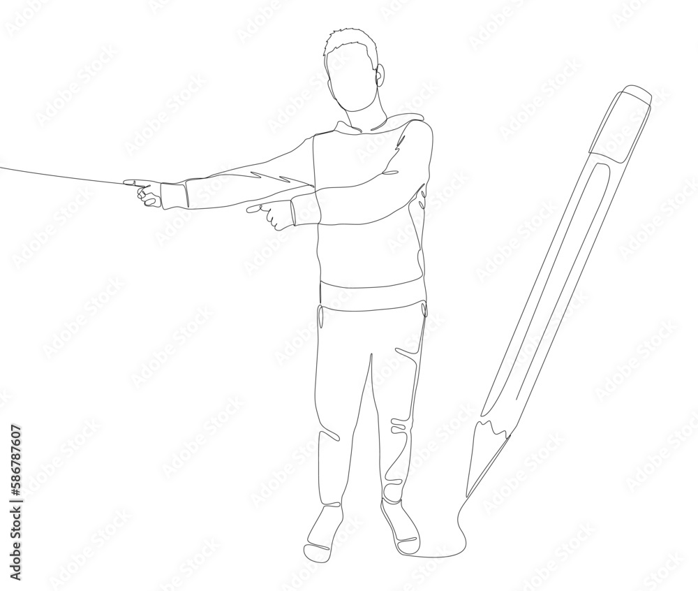 Poster one continuous line of man pointing drawn with a pencil, felt tip pen. thin line illustration vector