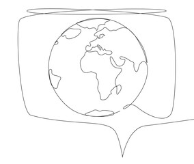 One continuous line of speech bubble with Earth Globe. Thin Line Illustration vector concept. Contour Drawing Creative ideas.