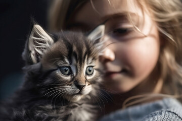 A 3 year old girl embraces a  kitten, generative ai