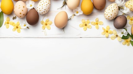 Naklejka na ściany i meble Easter eggs on a white wooden table with a white background. Generative AI