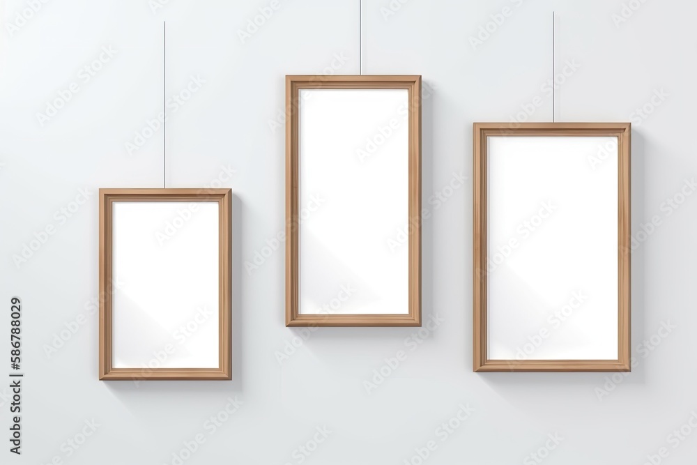 Poster realistic a3, a4 size wooden blank picture frames that are rectangular and square in shape hang on a