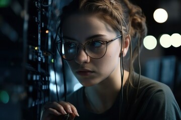 Female developer coder wears glasses working on computer looking at programming code data cyber security digital tech reflecting in spectacles developing software program. Generative AI Illustration