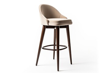 Front view of a beige bar stool with no armrests and a footrest in a studio on an empty white background. Generative AI
