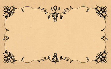 ビンテージで豪華な黒い唐草模様のフレーム オレンジ背景 イラスト素材 色違い・差分有