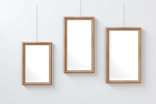 Realistic A3, A4 size wooden blank picture frames that are rectangular and square in shape hang on a white wall from the front. empty wood frame with shiny glass as an example. Mockup design template