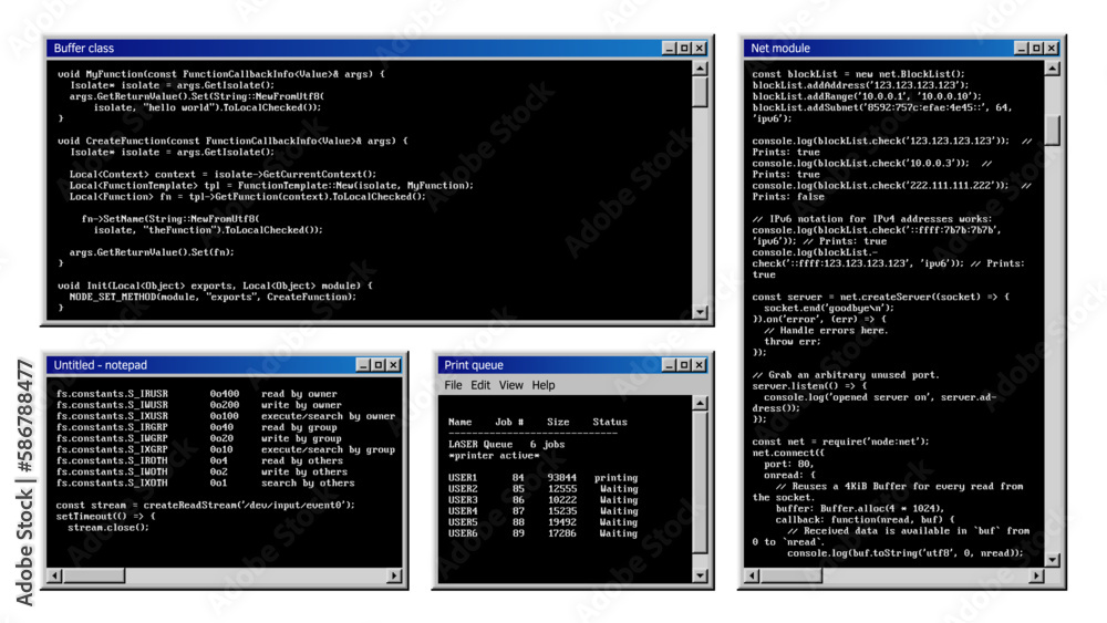 Aufkleber Vintage PC software windows interface. Vector old program desktop frames with coding process and computer control systems. Retro user or programmer interface black tab screens, digital technology