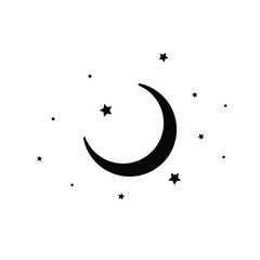 Moon and stars icon isolated. Flat design. Moon and star Icon isolated on white Background. Night symbol for your web site design, logo. Flat design. filled black symbol. Vector EPS 10.