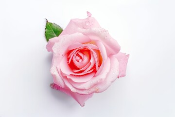Isolated white background with pink rose with water drops. a top view. Generative AI