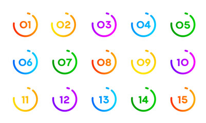 Number bullet point icons 1 to 15, vector circle buttons for infographic or info list. Number bullet points for presentation page marker in round color gradient line or circle frames