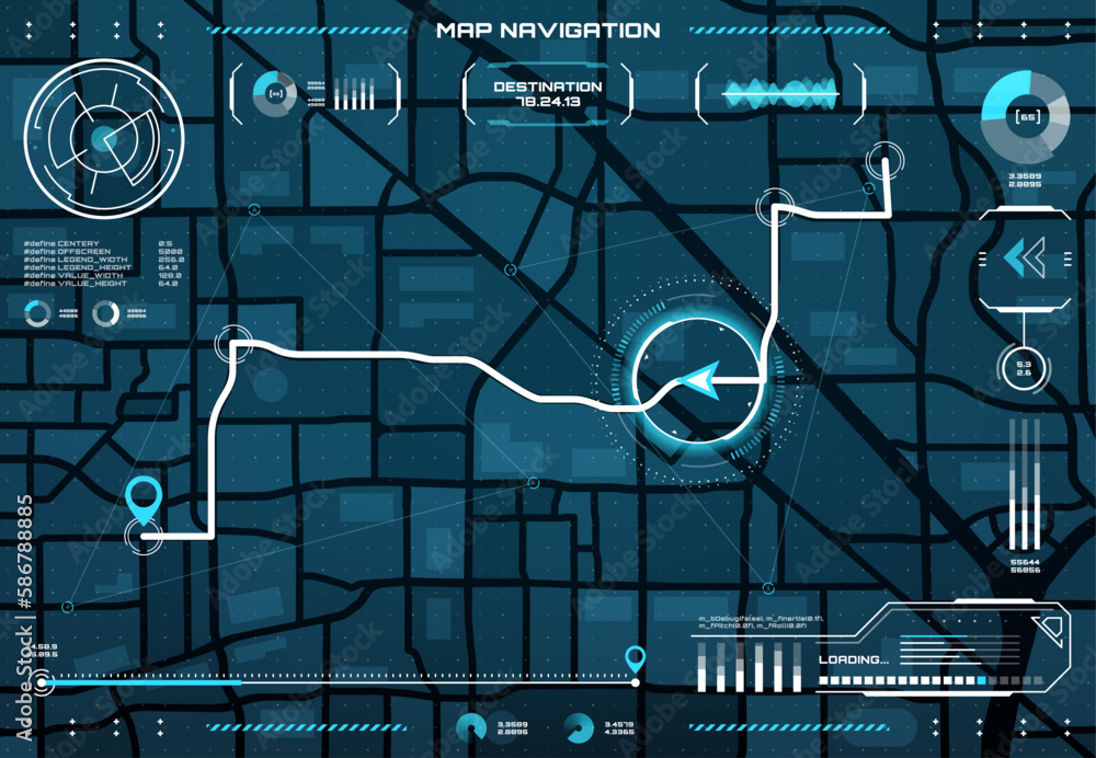 Poster HUD navigation interface. Map of location in modern computer game. Information window for orientation on terrain. Display of movement of player. Data about route, speed and time to reach destination