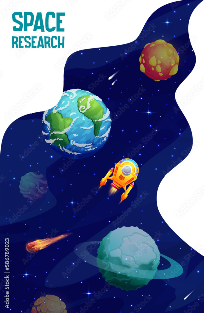 Aufkleber Space landing page. Cartoon galaxy planets, stars and spaceship near earth. Cosmos and Universe exploring and investigation vector poster with shuttle flying in sky with colorful solar system objects
