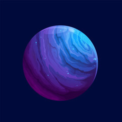 Cartoon fantasy blue violet space planet, vector galaxy game icon. Alien universe earth or star landscape for space world UI or kid galaxy game, mega giant cosmic planet with blue surface