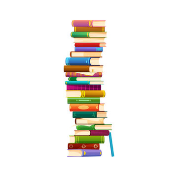 Books stack, cartoon vector pile of literature various sizes, colors and bindings. Isolated high tower or novels, bestsellers or textbooks for education, learning, library, bookstore or knowledge