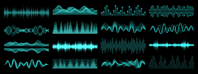 HUD equalizer sound waves, music audio interface elements, vector frequency waveform. HUD voice sound wave or radio signal digital waves of music volume and recording or play equalizer scale - obrazy, fototapety, plakaty