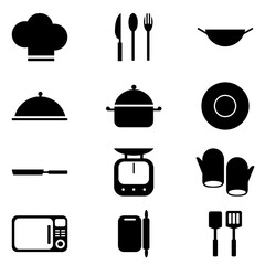 Cooking icon set. contains a chef's hat, oven, measuring tool, plate, knife, chef's gloves, pots, pans and kitchen utensils. flour grinder, cutlery and more, vector illustration