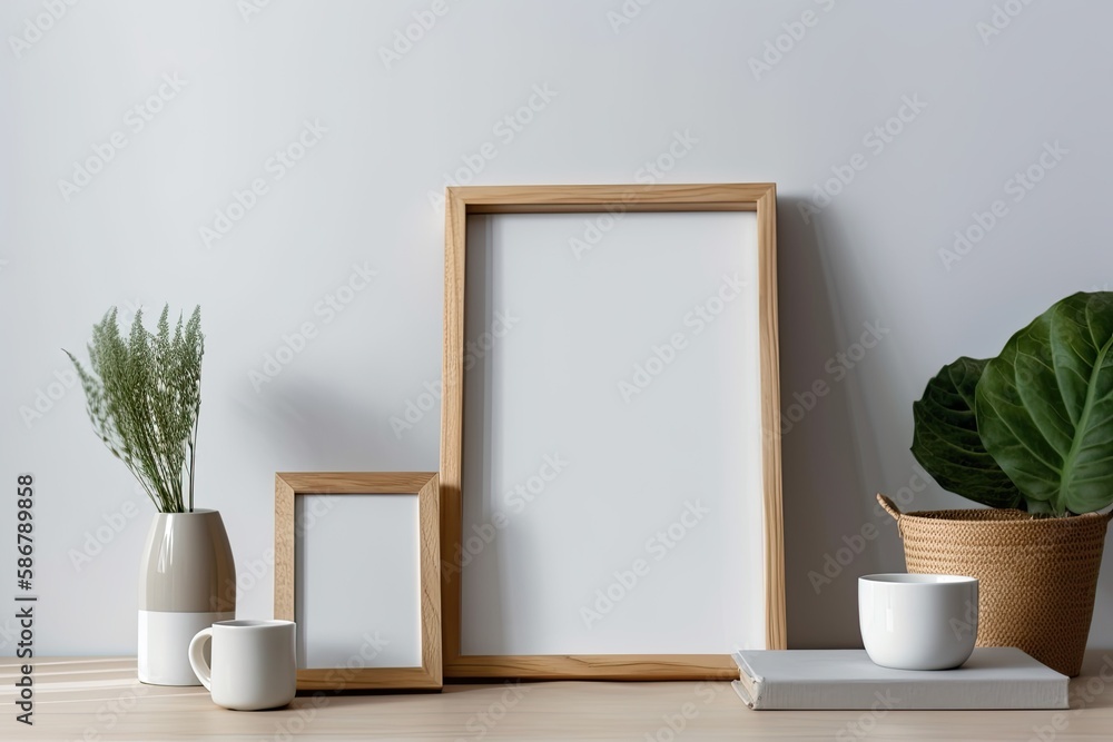 Poster a tabletop with an empty wooden frame. generative ai