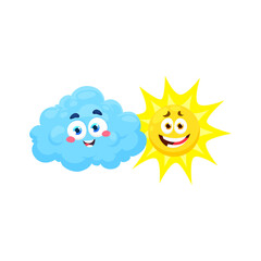 Cartoon cloud and sun weather characters. Vector personages with cute playful faces. Blue fluffy smiling cloud and yellow solar with happy expression. Climate forecast for sunny and cloudy day
