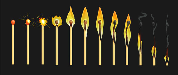 Burning match animation, stages of matchstick ignition from whole new to complete combustion and charring vector sprite sheet. Match stick with normal, burning and burnt sulphur cartoon sequence frame