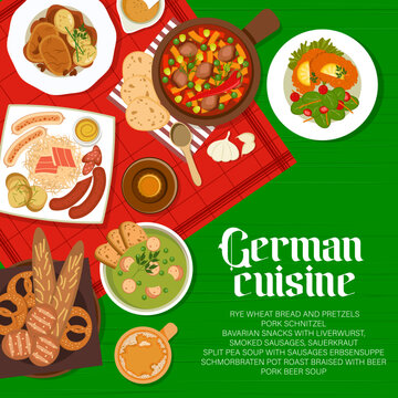 German cuisine menu cover with food meals and dishes of Germany, vector. German cuisine restaurant menu with schnitzel, sauerkraut and pork beer, Bavarian sausage liverwurst or leberwurst with pretzel