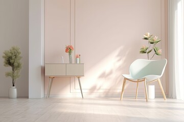 Mockup of a modern interior with pastel colored furniture, flowers, and sunlight. Generative AI
