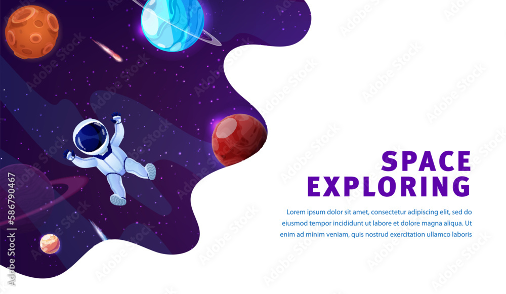 Poster Space landing page. Cartoon astronaut in outer space between planets of fantasy galaxy website background. Vector spaceman floating in universe starry sky with fire asteroid and comet, web technology