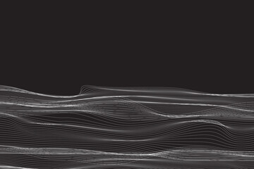 Overlapping white wavy lines resemble map patterns on a black background. vector eps.