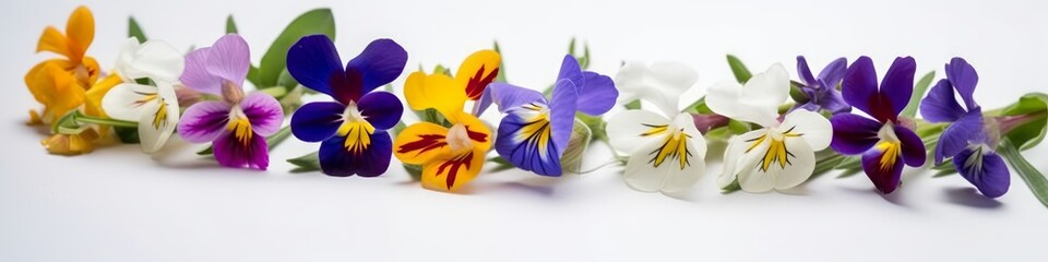 Naklejka premium A header with a row of spring flowers on white background. Generative AI. 