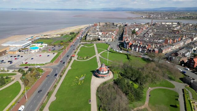 Mount Pavilion orbit with reveal of River Wyre and Fleetwood Lancashire UK