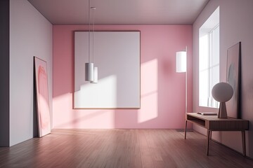 An empty room's interior has walls painted in pink and white, a dark wooden floor, and a vertical mock up poster frame. Idea behind advertising. Generative AI