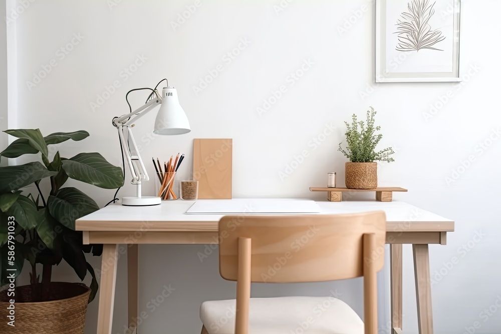 Canvas Prints workplace or place of work with simple design. On a white desk, a colored pencil, a vase, and a beautiful plant. Generative AI