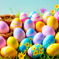 Fototapeta na wymiar Colorful easter eggs in a basket. Decorated eggs. Generative AI.