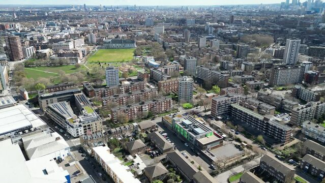 Housing estates Shoreditch Hackney London UK panning Drone, Aerial,