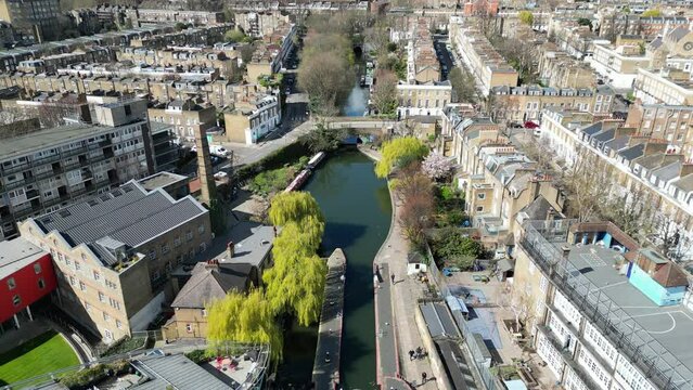 Regents canal Islington London UK rising drone aerial view