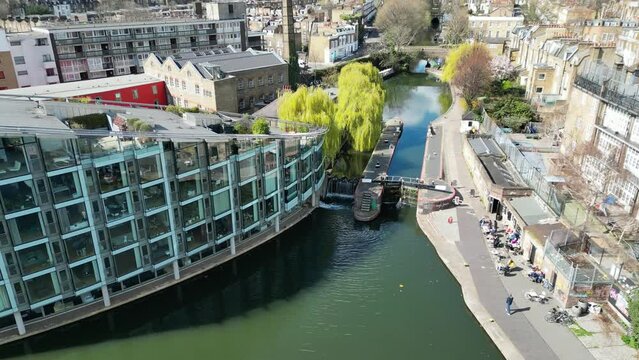 Waterside apartments City road lock Regents canal Islington London UK drone aerial view