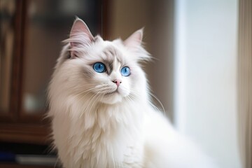 Obraz premium Beautiful fluffy white ragdoll cat standing on the floor in a brightly lit environment with blue eyes. Beautiful purebred feline pet outside with blurred background. Generative AI