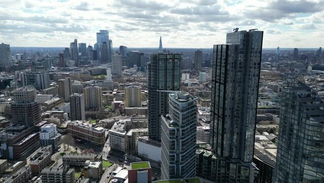 Panning City skyline Islington London UK drone aerial view